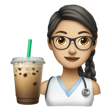 fair skinned Chinese girl with glasses nursing student with iced coffee and wearing crocs  sticker