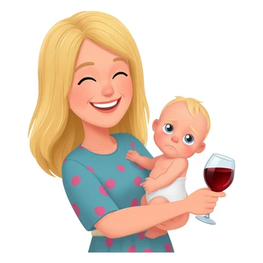 Happy girl, blond girl, mum to a baby, party vibe with a glass of red wine and tired sticker