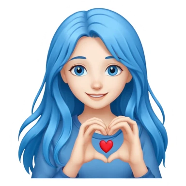 Happy girl long blue hair blue eyes making 🫶🏻 sticker