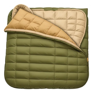sleeping bag in blue/yellow to olive & tan (#7D7A52 / #E1C699). sticker