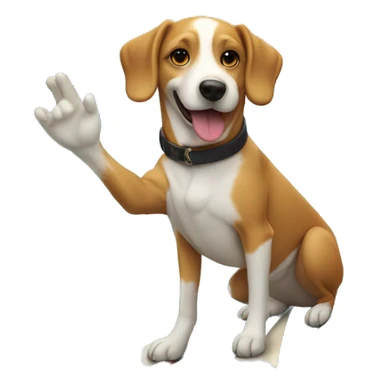 A dog on a surfboard surfing a big wave with a seagull on its head sticker