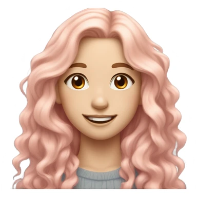 Pretty girl with long wavy peachy pastel pink hair, pale skin, brown doe eyes, light makeup, smiling gently, beautiful sticker