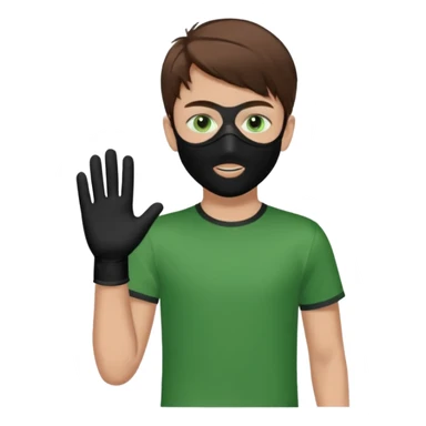 Chico de pelo marrón y ojos verdes. Con un cubre bocas negro, que tiene una camisa verde por encima de una remera blanca, y tiene un guante negro en una sola de las manos. sticker