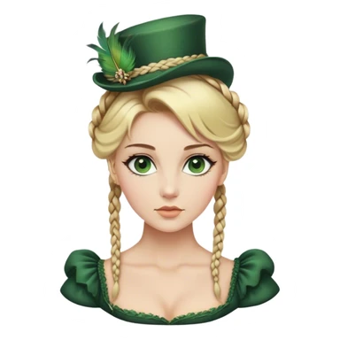 lady with Pale complexion, sharp features, high cheekbones, Blonde hair, usually styled in regancy braided updo, green eyes accessorized with a feathered small hat, royal sticker