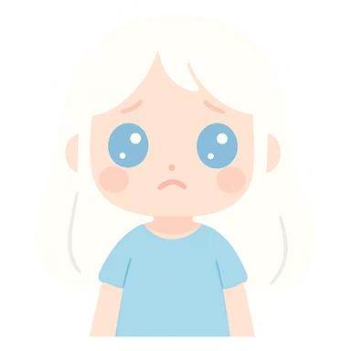 A girl with long white hair, blue eyes, sad and tired, wearing a blue dress. sticker