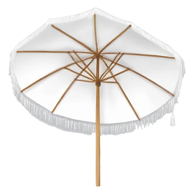 White beach umbrella with short white tassels and a straight wooden pole sticker