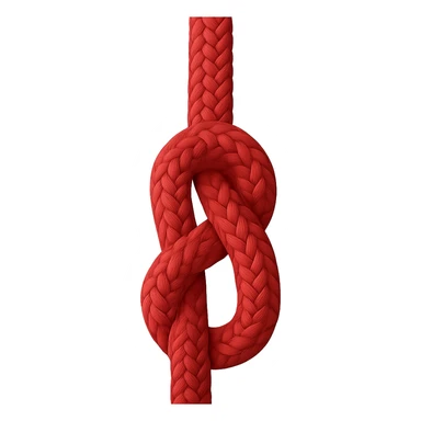 Create an apple-style emoji of a vertical red rope with a simple realistic knot in the middle. The knot should be clear and classic, not resembling a pretzel shape. The style should match the classic apple emoji look. The background should be transparent. sticker