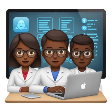 technologist using laptop coding with 2 other technologist sticker