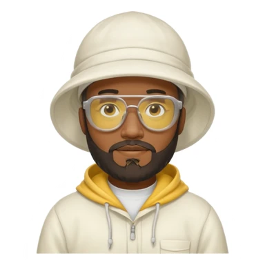 black male bee keeper with beard, white hat and yellow glasses, white outfit, white hood sticker
