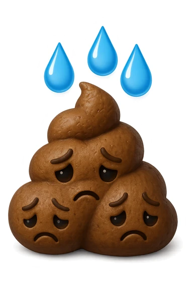 emoji stile iphone di una montagnetta di feci umane realistiche a palline tristi con sopra un simbolo delle gocce di acqua, iperrealistico 4k sticker