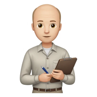 man mid 30's shirt and trousers balding hairline standing holding a clipboard sticker