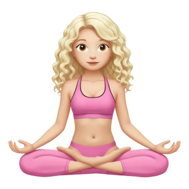 a blond girl sitting in yoga pose in the pink swimwear with white long curly hair sticker