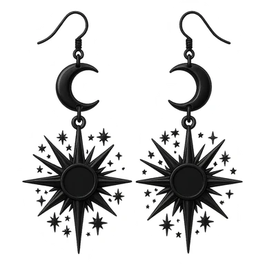 goth earrings, black starburst, celestial gothic style, bold, detailed sticker