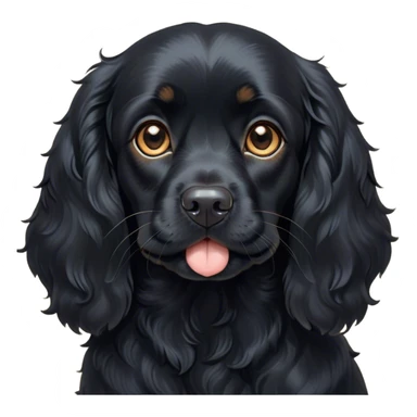 Cinematic Cute Black Cocker Spaniel Portrait Emoji, Head tilted playfully and inquisitively, featuring a glossy black coat with delicate tan accents, round, sparkling dark eyes brimming with curiosity, Simplified yet irresistibly adorable features, highly detailed, glowing with a warm, friendly glow, high shine, affectionate and lively, stylized with a touch of whimsy, bright and endearing, soft glowing outline, capturing the essence of a mischievous yet loving pup, so playful it feels like it could bound out of the screen and into your arms! sticker