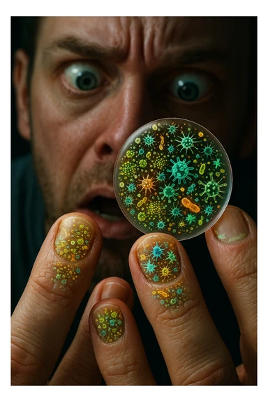 "Close-up macro shot of man's fingernails with transparent overlay showing dense colonies of bacteria, viruses, and parasites thriving in nail beds, millions of pathogens visible as glowing microscopic organisms, expression of shock as he examines his hands under magnification, nail debris containing more germs than toilet water, fingertips becoming mobile germ factories" sticker