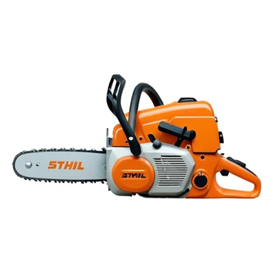 Kettensäge Stihl MS500i von der Seite, mit gut sichtbarem Stihl-Logo, orange-graue Farben, einfacher Emoji-Stil sticker