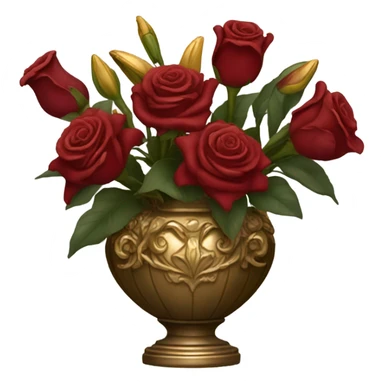 A Baroque-style still life with a bouquet of deep red roses and lilies in a gilded vase, draped in velvet fabric sticker