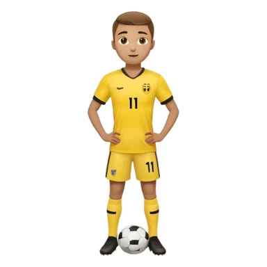 Apple emoji style 23 year old soccer player standing hands on waist, yellow jersey #11, soft shadows sticker