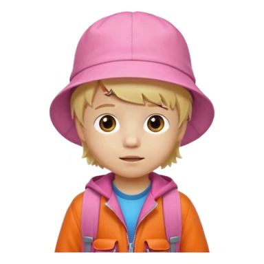 A little boy student white skin, blonde hair, with white bucket hat, orange jacket, pink backpack sticker