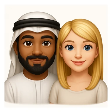 Сгенерируй мне в стиле детализированного емодзи пару, где мужчина с черной бородой и в арабском одеянии и чуть со смуглой кожей, а девушка чистая славянка, блондинка  sticker