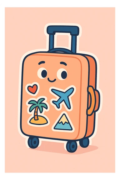 cartoon pastel rolling suitcase with travel stickers, bold clear outlines, flat colors, sharp graphic shadows and highlights, white sticker border, cute hand-drawn style sticker