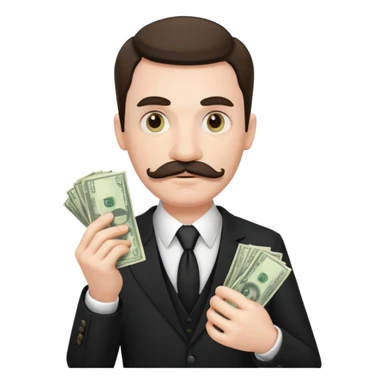 suspicious man uin a suit with a mustache and money sticker
