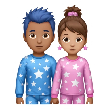 4 year old brown spikey haired boy with blue pajamas with stars on them and a 1 year old brown haired pony tail girl with pink pajamas, and stars on them with light skin sticker