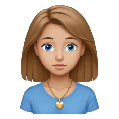 A 16-year-old girl with long, light brown hair and blue eyes. She also has slightly tanned skin, a small nose, and average-sized lips (though her lower lip is slightly larger than her upper lip). She's wearing a taupe T-shirt with a round neck and a gold necklace with a small heart on it. sticker