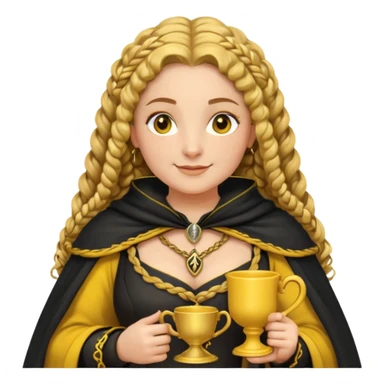Helga Hufflepuff, 2 curly thick brown braids, yellow-black medieval dress, black cloak decorated with gold braiding, tiny two-handled shiny yellow-gold cup, very kind smile, curvy busty sweet woman, thick rosy cheeks sticker