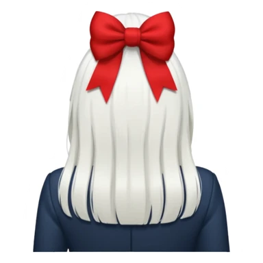 back view of white hair with red bo sticker
