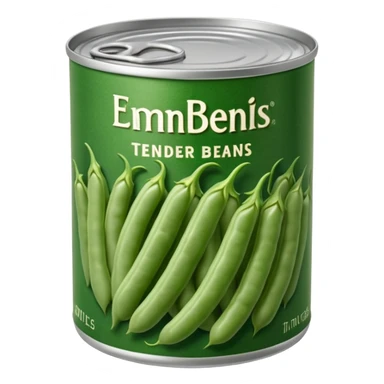 metal can with simple label open top showing tender green beans inside cut into even lengths moist slightly glossy packed in light brine muted green color soft texture cooked preserved vegetables no fork bowl branding just opened can soft lighting subtle shadows emoji scale sticker