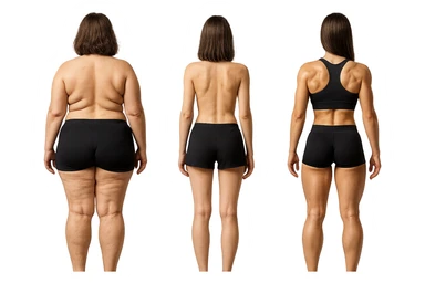 fai una donna di spalle in gym shorts leggermente sovrappeso e con cellulite e accanto una seconda donna di spalle magra (che è dimagrita post dieta) e accanto una terza donna in forma allenata e con le giuste proporzioni, l'immagine deve rappresentare il processo: da donna grassa, a donna piatta e magra, a donna allenata e in forma con i giusti muscoli, iperrealistico 4k sticker