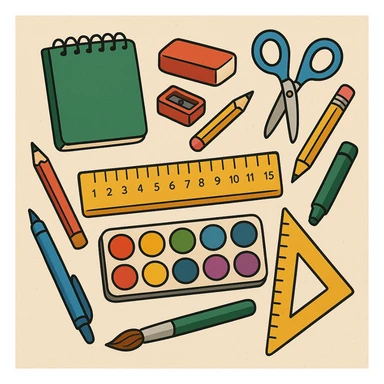 illustration of a ruler, various styles of school supplies sticker