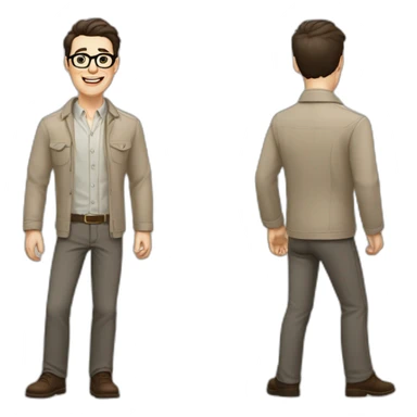 Joyful Full height Pale skinned Fit Man With dark brown hair in gray jacket, beige office shirt, Brown pants and vintage glasses. His thrumbs up sticker
