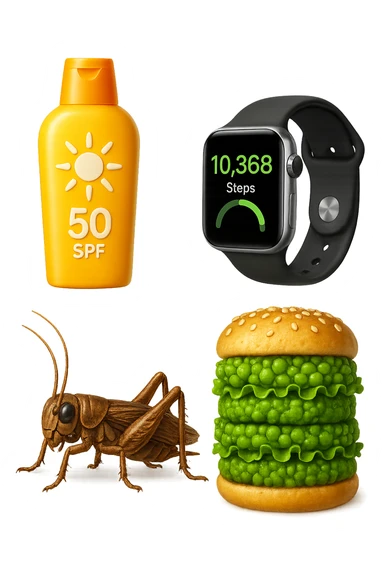 emoji stile iphone di una boccetta di CREMA SOLARE, UNO SMARTWATCH CONTAPASSI, UN GRILLO, UNA TORRETTA DI HAMBURGER FATTI CON I PISELLI, IPERREALISTICO 4K sticker
