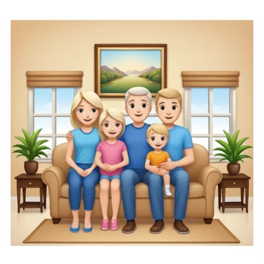 family posing for photo, living room background, closeup  sticker