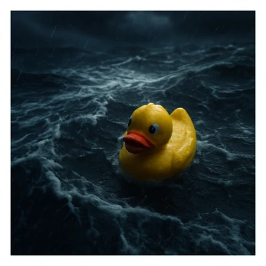 Cinematic still, Extreme Closeup shot of Yellow duck toy on ocean during storm, Camera from top, inspired by interstellar sticker