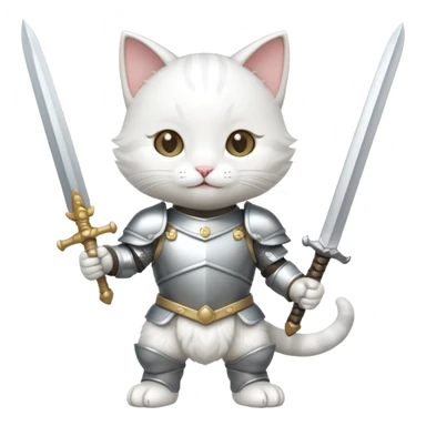 baby chibi white cat in silver armor, full body, smile, hold sword sticker