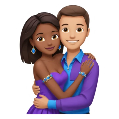 Tan tall brunette European male in blue shirt smiling and hugging a jet black African girl in purple strapless dress and blue jewelry they are on a beach with blue ocean water and palm trees sticker