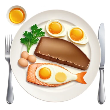 A plate with liver, egg yolk, butter and fish, with vitamin A nutrition labels sticker