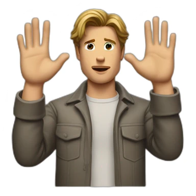 Bradd pitt's with uncertainty,shoulders raised in a classic 'I don't know' gesture. Both of his hands should be raised, palms facing upwards, emphasizing this gesture sticker