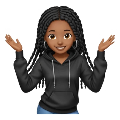 African American girl dark skin complextion a l with long black box braids wearing plain black hoodie dancing sticker