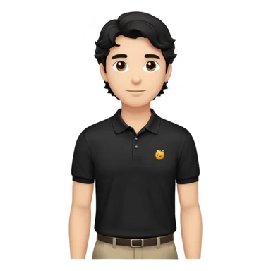 Man with wavy black hair in a classic black polo shirt, relaxed fit sticker