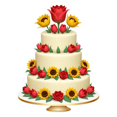 A large three teir cake with first mayer decorated with roses, second with Sunflowers and third with Tulips and Happy Birthday Dear written on top. sticker