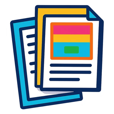 icon of stacked A4 papers, one with color print and one with black print, vibrant colorful style sticker