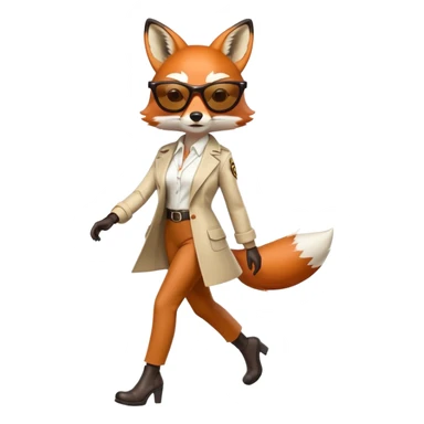 serious anthropomorphised female fox in stylish outfit with sunglasses, walking with confidence, full-body sticker