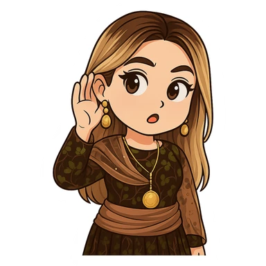 Kurdish cartoon sticker of the same woman in the new dress, curious face, raised eyebrow, hand to ear as if asking 'what's up?', no text, transparent background sticker