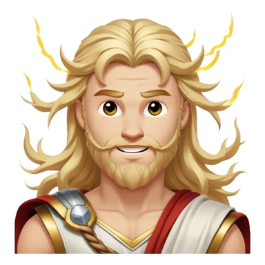 Cinematic Realistic Thor Portrait, head tilted dramatically with an exaggeratedly amused expression, featuring lively, twinkling eyes and a subtle, roguish grin. His fair, radiant skin and long, wavy golden hair, rendered with classical precision, complement his draped white toga adorned with delicate golden details and mythic lightning hints, all brought to life with dynamic lighting that captures both his divine power and playful, approachable charm. sticker