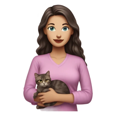 White woman with blue eyes and long dark hair wearing a pink shirt and holding a tabby cat sticker