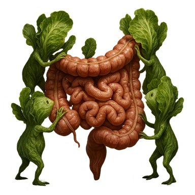 Ultra-realistic 4K illustration: stylized lettuce leaves depicted as plant-like creatures interacting with a human anatomical model of the intestine. The scene is surreal and scientific, with organic textures, refined biological details, dramatic lighting, and a bio-fantasy photorealistic style sticker